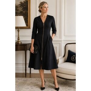 Lafayette 148 New York Black Zip Front A-Line Dress Old Money Designer Midi